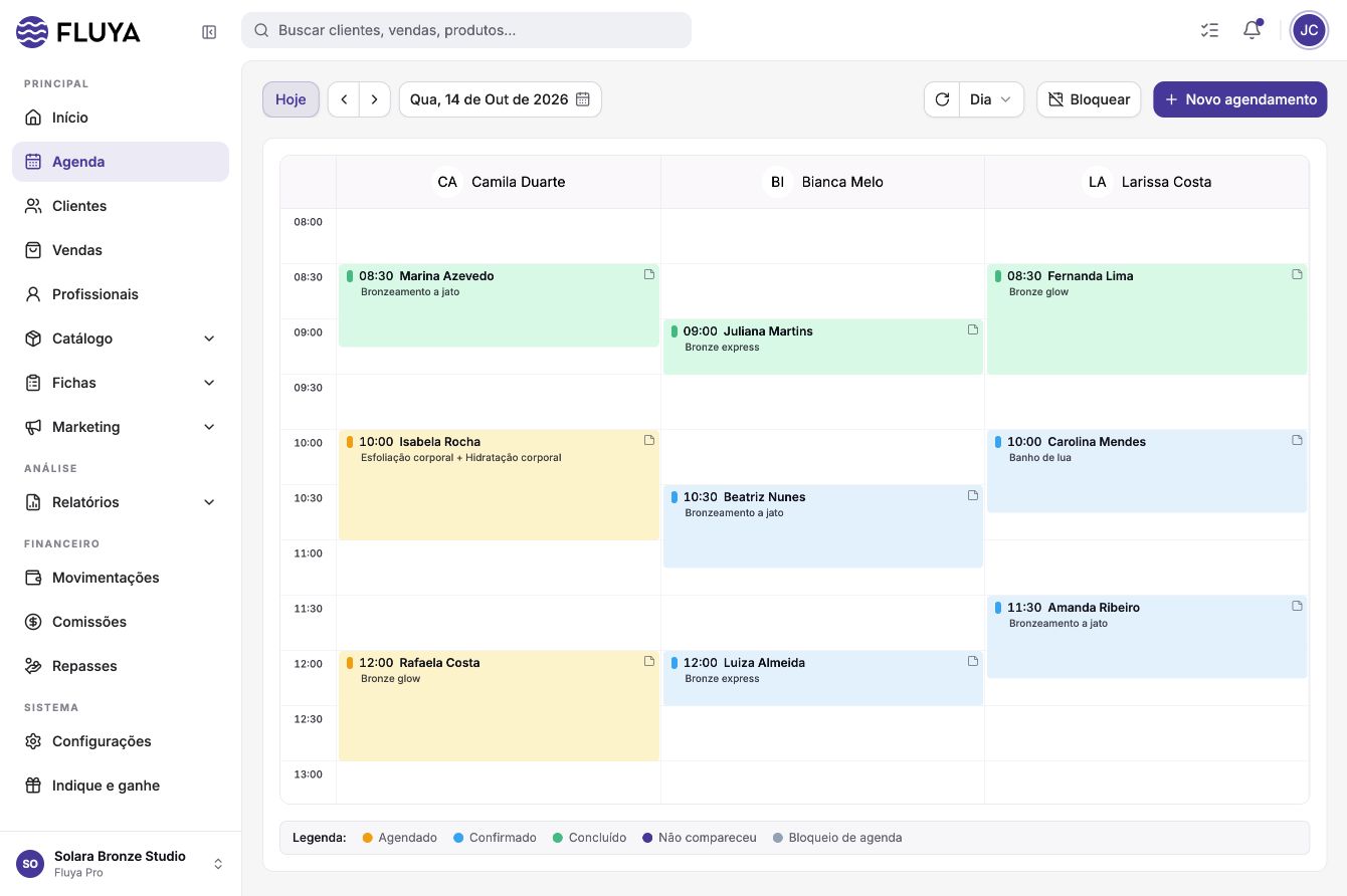 Agenda do estúdio fictício Solara Bronze Studio no Fluya, com sessões por profissional