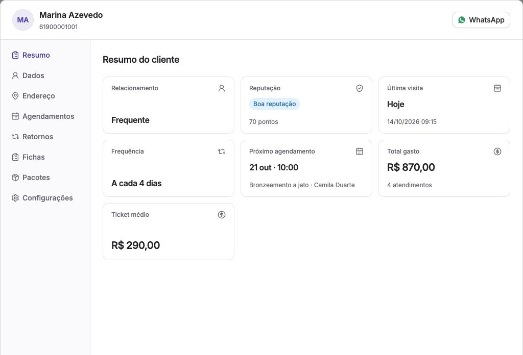 Perfil fictício de Marina Azevedo no Fluya, com frequência, histórico e próxima sessão de bronzeamento
