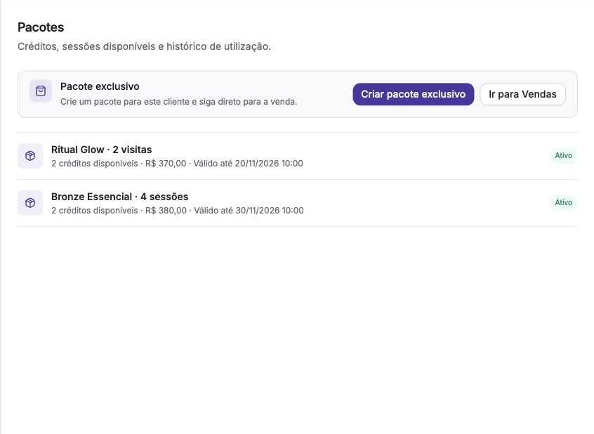 Pacotes fictícios de bronzeamento no Fluya, com validade e créditos restantes após os atendimentos