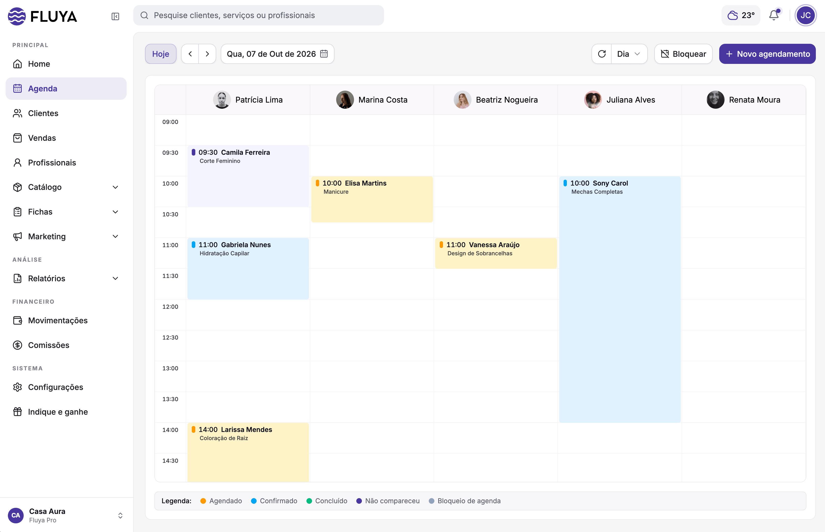 Agenda do Fluya com os horários e atendimentos da equipe